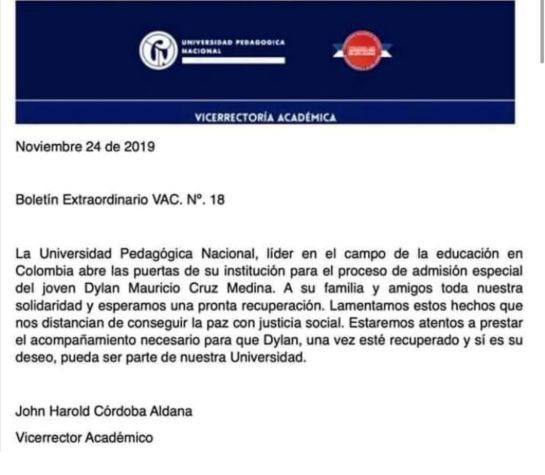 Dilan Cruz herido en marcha del 23 de noviembre en Bogotá Colombia: Universidad Pedagógica ofrece cupo educativo a Dilan Cruz Dilan Cruz herido en marcha del 23 de noviembre en Bogotá Colombia: Universidad Pedagógica ofrece cupo educativo a Dilan Cruz