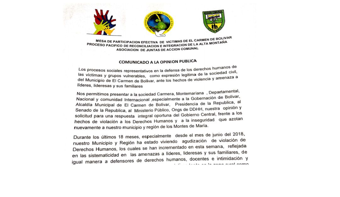 Líderes sociales en Bolívar: Líderes sociales de Bolívar advierten sobre nuevas amenazas