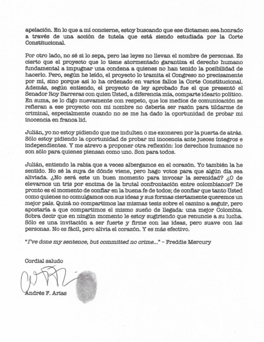 Andrés Felipe Arias carta Julián Román: Julián Román calificó como irrelevante la carta que le envió Arias Andrés Felipe Arias carta Julián Román: Julián Román calificó como irrelevante la carta que le envió Arias