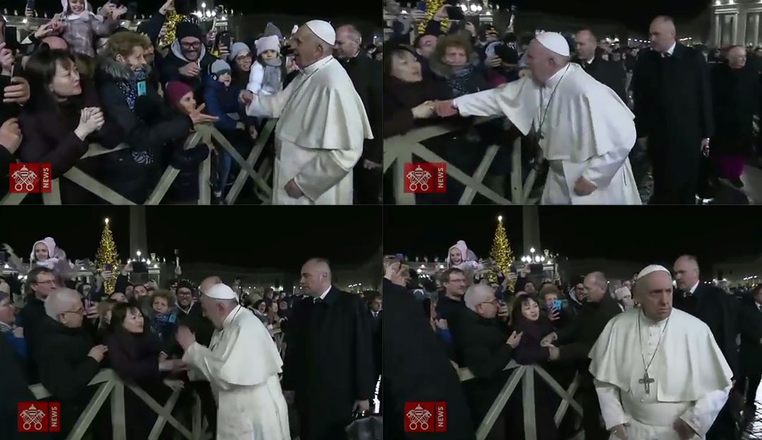 Papa Francisco manotea a creyente: El Papa le da un manotazo a creyente que quería saludarlo