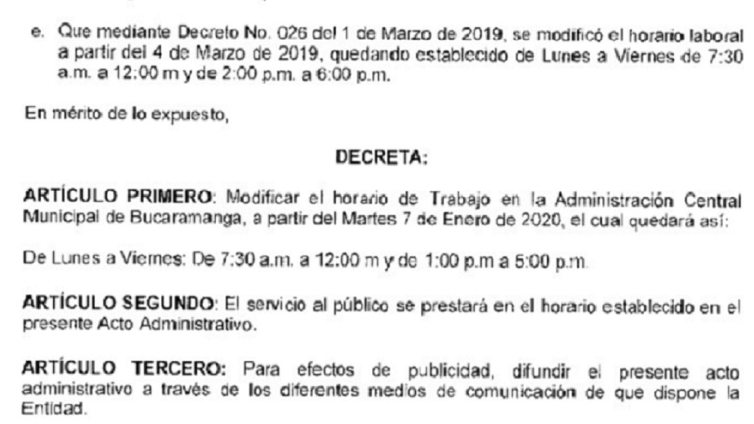 En el 2020 se cambian horarios de trabajo en la alcaldía de Bucaramanga