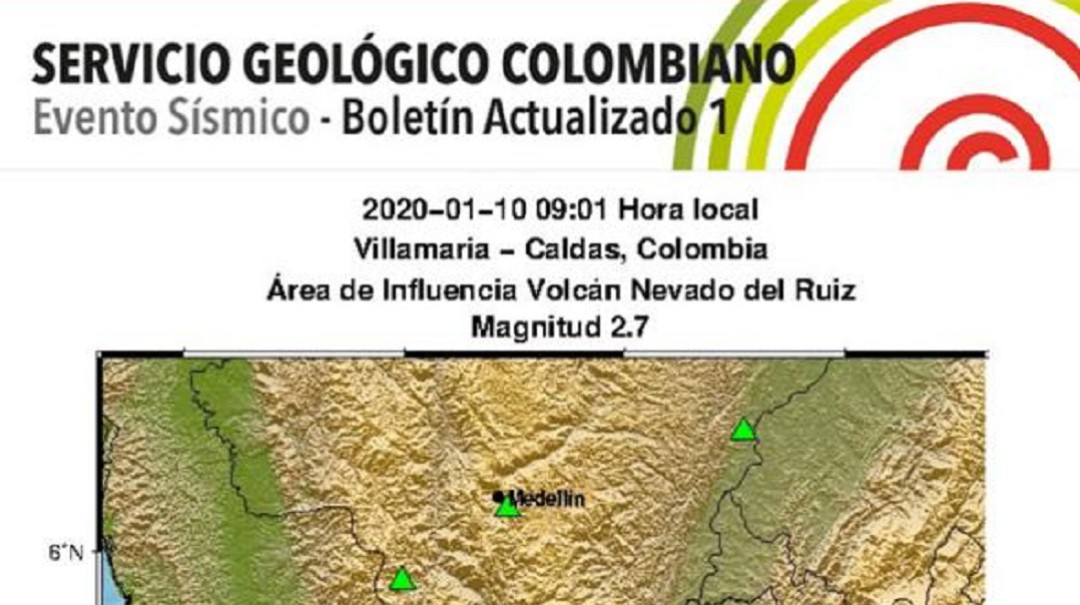 Temblor de magnitud 2.7 en zona de influencia del volcán Nevado del Ruiz