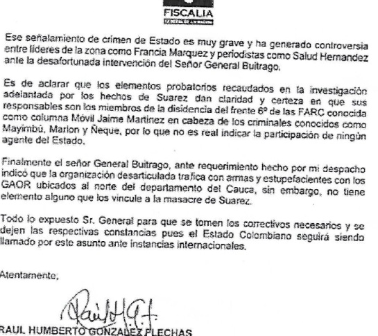 Salida del general Juan Carlos Buitrago: La carta en donde la Fiscalía expresó su malestar con el general Buitrago Salida del general Juan Carlos Buitrago: La carta en donde la Fiscalía expresó su malestar con el general Buitrago