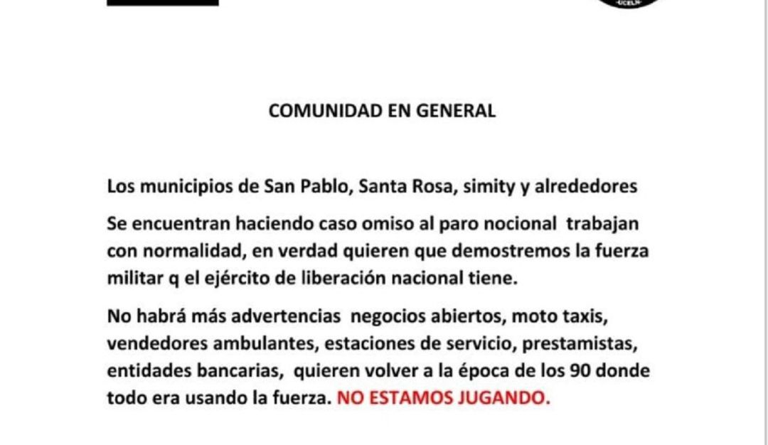 Temor en el sur de Bolívar por aparición de panfletos: Temor en el sur de Bolívar por aparición de panfletos