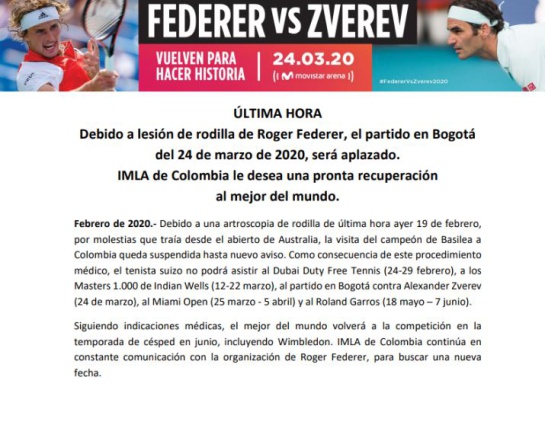 Roger Federer no viene Bogotá lesión rodilla: Federer no vendrá a Bogotá en marzo, el suizo se operó una rodilla Roger Federer no viene Bogotá lesión rodilla: Federer no vendrá a Bogotá en marzo, el suizo se operó una rodilla