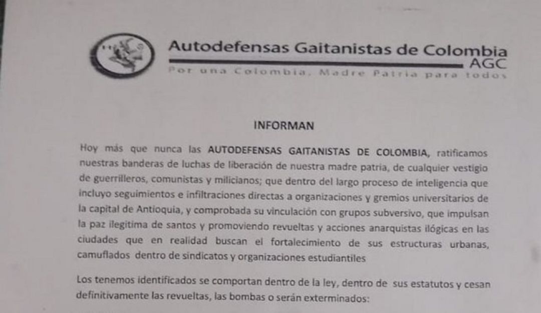 Panfleto amenazante apareció en baños y mesas de la UdeA: Panfleto amenazante apareció en baños y mesas de la UdeA