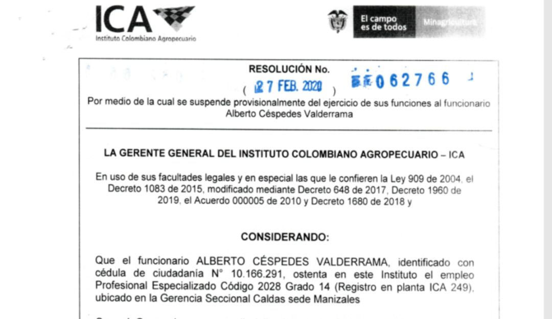 investigacion; ica; caldas; suspencion;: Suspenden provisionalmente al gerente del ICA en Caldas