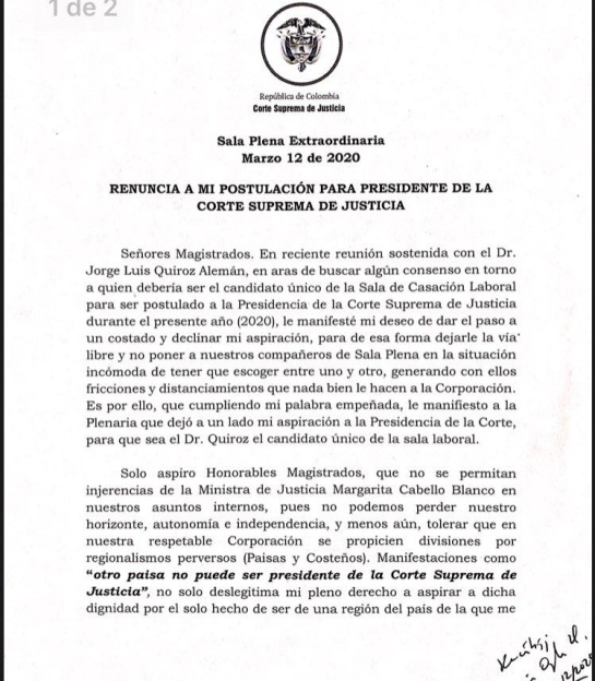 Magistrado pide a la Corte no permitir injerencias de MinJusticia Magistrado pide a la Corte no permitir injerencias de MinJusticia