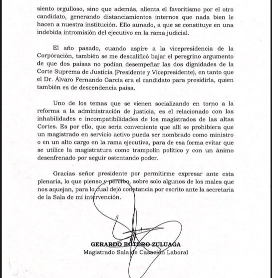 Magistrado pide a la Corte no permitir injerencias de MinJusticia Magistrado pide a la Corte no permitir injerencias de MinJusticia