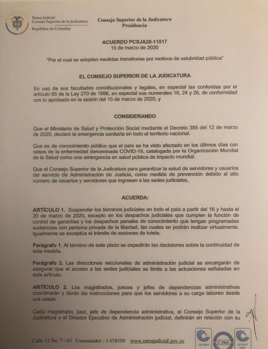 Jueces suspenden términos para evitar propagación del Coronavirus Jueces suspenden términos para evitar propagación del Coronavirus