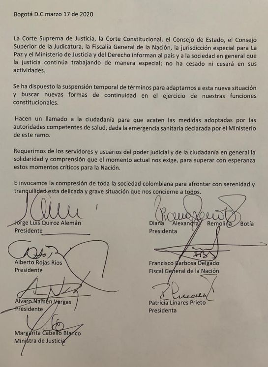 Cúpula de la justicia Colombia: Cúpula de la justicia dice que no han cesado actividades Cúpula de la justicia Colombia: Cúpula de la justicia dice que no han cesado actividades