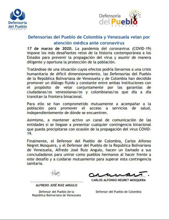 Noticias Colombia: Coronavirus medidas en fronteras: Defensorías del Pueblo de Colombia y de Venezuela se unen por coronavirus Noticias Colombia: Coronavirus medidas en fronteras: Defensorías del Pueblo de Colombia y de Venezuela se unen por coronavirus