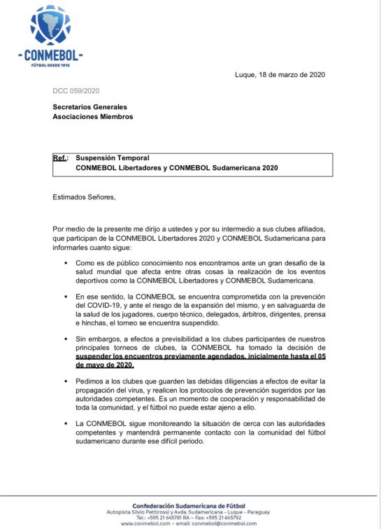Coronavirus torneos Conmebol: Conmebol suspende Libertadores y Sudamericana hasta el 5 de mayo Coronavirus torneos Conmebol: Conmebol suspende Libertadores y Sudamericana hasta el 5 de mayo