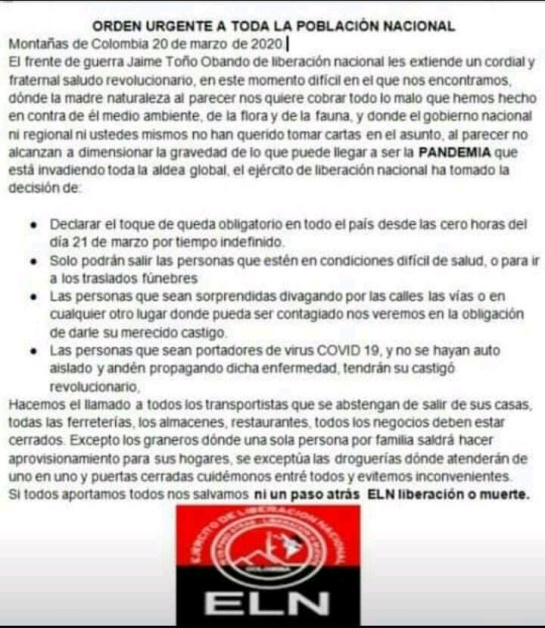 Coronavirus en Colombia: Panfleto del Eln que atemoriza en redes por Covid-19 es falso Coronavirus en Colombia: Panfleto del Eln que atemoriza en redes por Covid-19 es falso