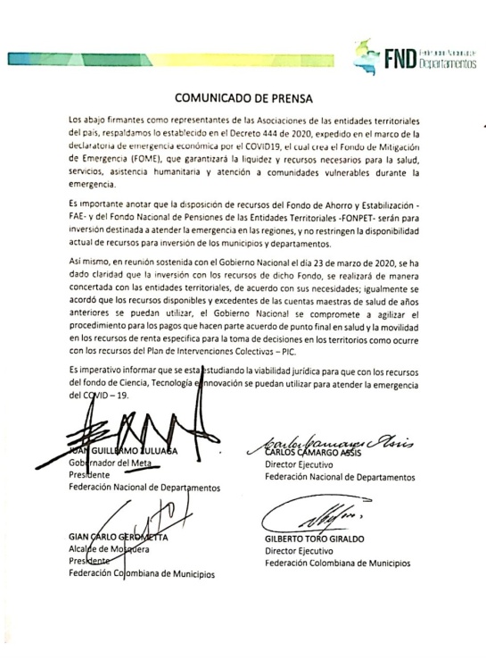 Decreto 444 del Gobierno dinero para coronavirus: Federación de Municipios y Departamentos respaldan decreto 444 del Gobierno Decreto 444 del Gobierno dinero para coronavirus: Federación de Municipios y Departamentos respaldan decreto 444 del Gobierno