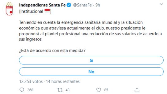 Polémica reducción de salarios Santa Fe: Santa Fe somete a votación de sus hinchas reducción de salario a jugadores Polémica reducción de salarios Santa Fe: Santa Fe somete a votación de sus hinchas reducción de salario a jugadores