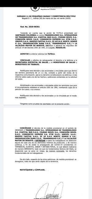 Un juez ordenó medidas sanitarias para trabajadres de TM y SITP Un juez ordenó medidas sanitarias para trabajadres de TM y SITP
