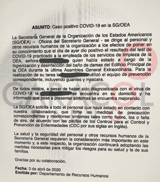 Elección secretario OEA: Persona infectada con Covid-19 asistió a elección de secretario de la OEA Elección secretario OEA: Persona infectada con Covid-19 asistió a elección de secretario de la OEA