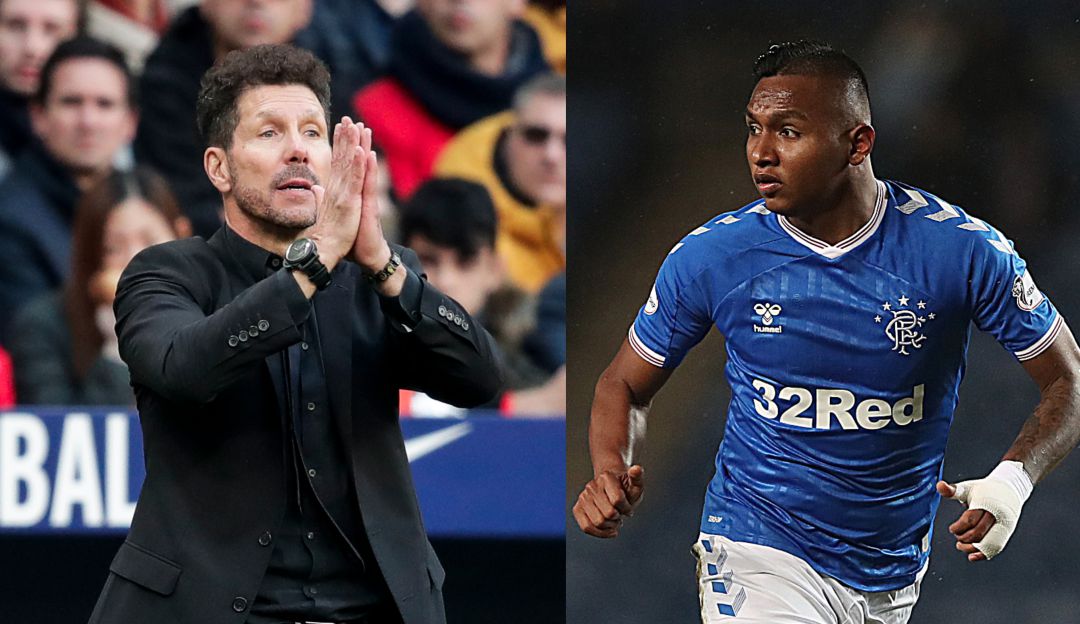Diego Simeone, técnico del Atlético de Madrid (izq.) y Alfredo Morelos (der.).