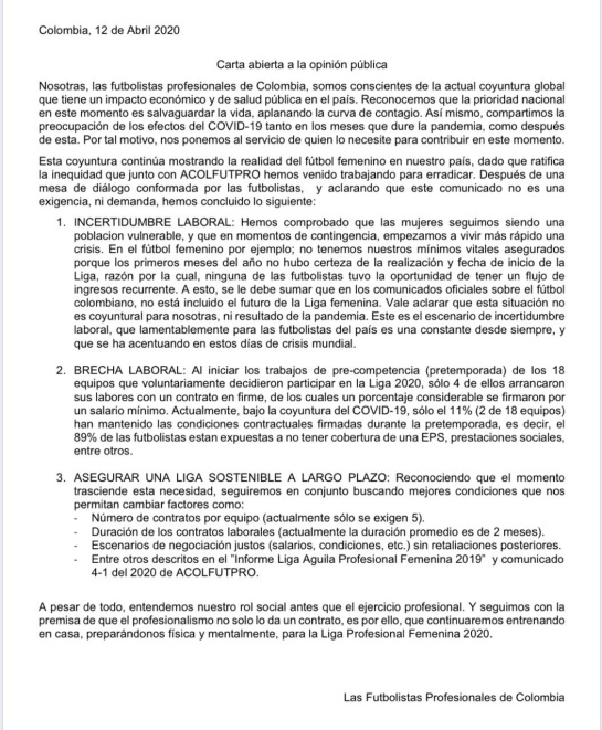 Fútbol femenino Colombia coronavirus: El fútbol femenino se manifiesta: "esta conyuntura ratifica la inequidad" Fútbol femenino Colombia coronavirus: El fútbol femenino se manifiesta: "esta conyuntura ratifica la inequidad"