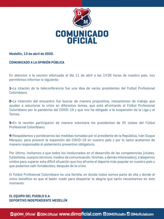 Equipos fútbol colombiano Gobierno Nacional: Equipos colombianos acatan medida del Gobierno de no reanudar el fútbol Equipos fútbol colombiano Gobierno Nacional: Equipos colombianos acatan medida del Gobierno de no reanudar el fútbol