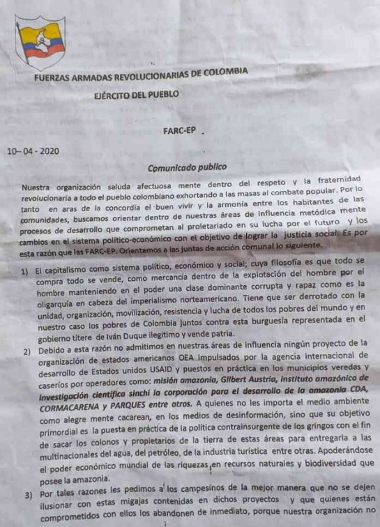Disidencias de las FARC, Guaviare y Amazonía: Disidencias de FARC piden a campesinos tumbar selva en Guaviare y Amazonía Disidencias de las FARC, Guaviare y Amazonía: Disidencias de FARC piden a campesinos tumbar selva en Guaviare y Amazonía