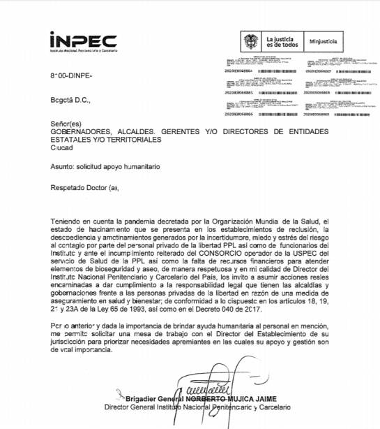 Dir. del INPEC pide ayuda a alcaldes y gobernadores por COVID19 en cárceles Dir. del INPEC pide ayuda a alcaldes y gobernadores por COVID19 en cárceles