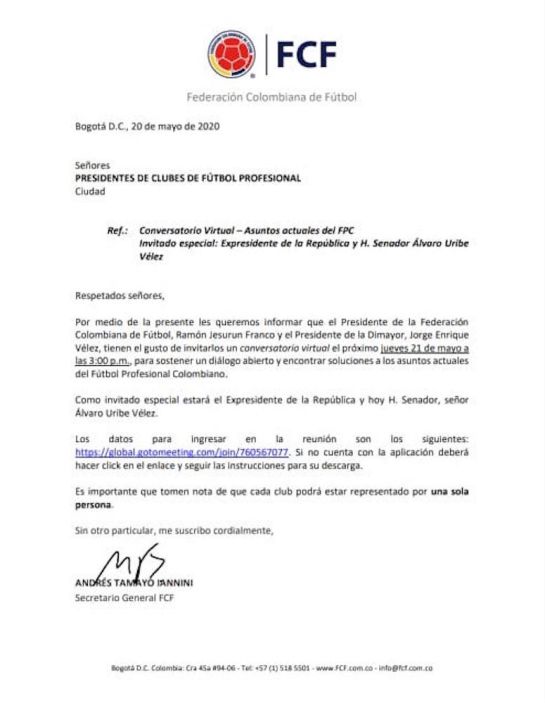 Reunión presidentes del fútbol colombiano con Álvaro Uribe: Tras reunión con Uribe, se propone que fútbol colombiano vuelva en agosto Reunión presidentes del fútbol colombiano con Álvaro Uribe: Tras reunión con Uribe, se propone que fútbol colombiano vuelva en agosto