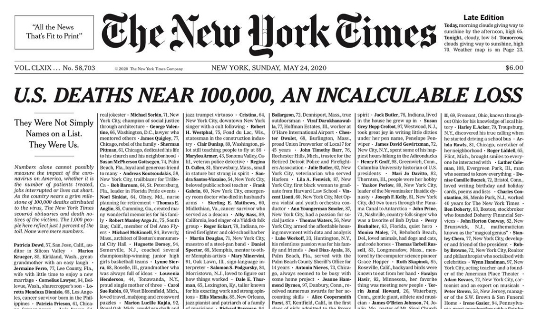 Portada New York Times muertes COVID-19: The New York Times hace un homenaje a los casi 100.000 muertos en EE.UU.