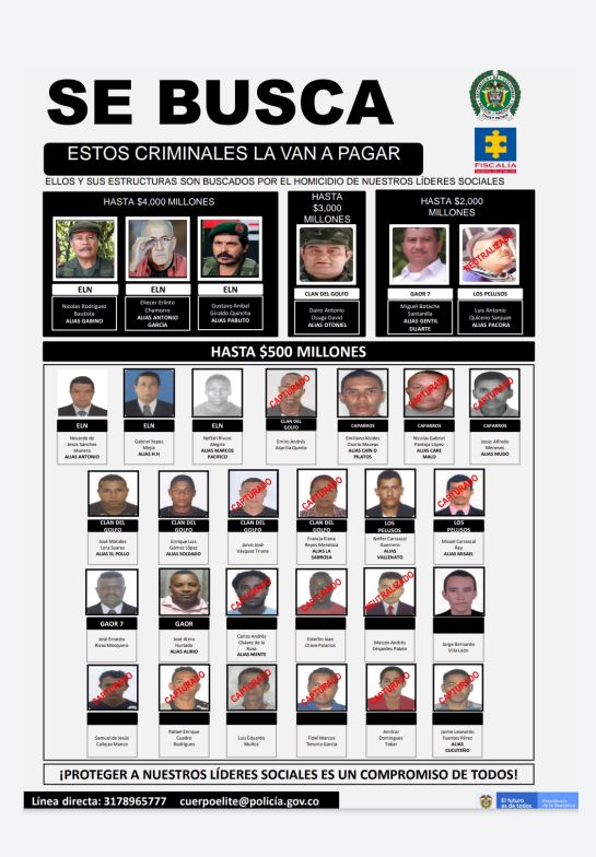 Asesinatos líderes sociales: Cartel de los más buscados por asesinar a líderes sociales y a exfarc Asesinatos líderes sociales: Cartel de los más buscados por asesinar a líderes sociales y a exfarc