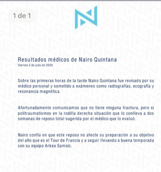 Nairo Quintana parte médico: Parte médico de Nairo: sin lesiones graves, pero incapacitado dos semanas Nairo Quintana parte médico: Parte médico de Nairo: sin lesiones graves, pero incapacitado dos semanas