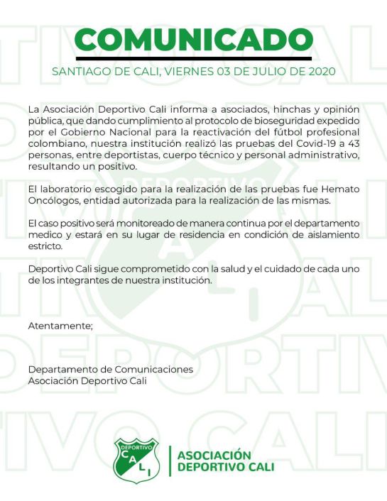 Deportivo Cali confirmó un positivo por COVID-19: Deportivo Cali confirmó un positivo por COVID-19 tras los exámenes Deportivo Cali confirmó un positivo por COVID-19: Deportivo Cali confirmó un positivo por COVID-19 tras los exámenes