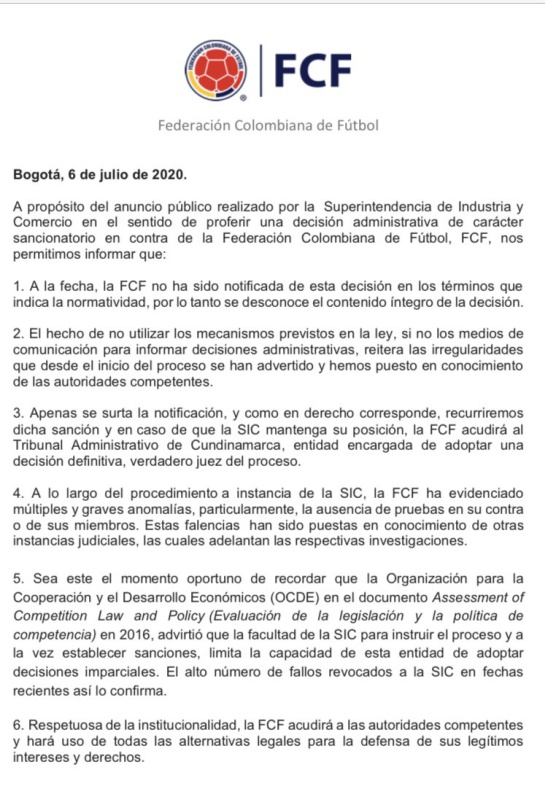 FCF respuesta sanción: La FCF respondió a la sanción interpuesta por la SIC FCF respuesta sanción: La FCF respondió a la sanción interpuesta por la SIC