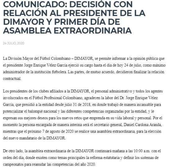Dimayor Jorge Enrique Vélez: Jorge Enrique Vélez deja de ser presidente de la Dimayor Dimayor Jorge Enrique Vélez: Jorge Enrique Vélez deja de ser presidente de la Dimayor