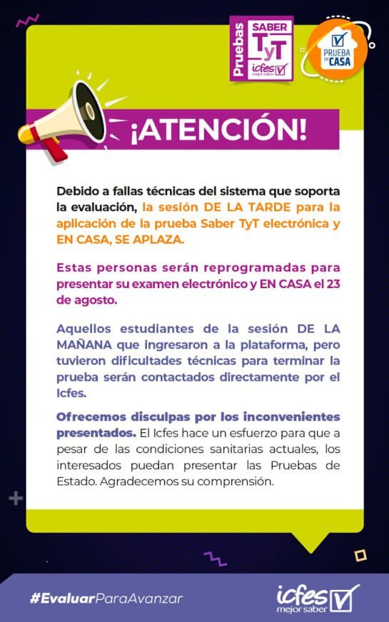 Icfes prueba 1 agosto: Icfes reprogramará la prueba TyT a estudiantes que tuvieron fallas técnicas Icfes prueba 1 agosto: Icfes reprogramará la prueba TyT a estudiantes que tuvieron fallas técnicas
