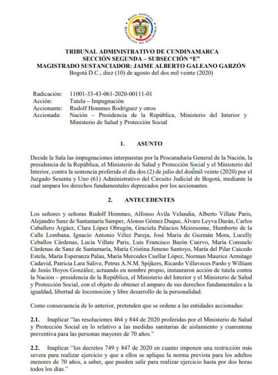 Adultos mayores COVID-19: ‘Rebelión de las canas’ de nuevo le gana pulso jurídico al Gobierno Nacional Adultos mayores COVID-19: ‘Rebelión de las canas’ de nuevo le gana pulso jurídico al Gobierno Nacional