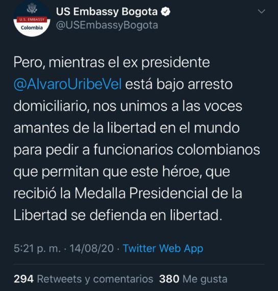 Álvaro Uribe Preso: Estados Unidos pidió que Álvaro Uribe continúe su proceso en libertad Álvaro Uribe Preso: Estados Unidos pidió que Álvaro Uribe continúe su proceso en libertad