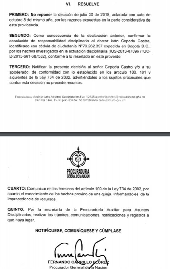 Senador Iván Cepeda: Procuraduría confirmó fallo absolutorio contra Iván Cepeda Senador Iván Cepeda: Procuraduría confirmó fallo absolutorio contra Iván Cepeda