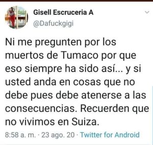 Polémicos trinos de directora de turismo de Tumaco: "Cuando se matan entre bandidos da igual": directora de turismo de Tumaco Polémicos trinos de directora de turismo de Tumaco: "Cuando se matan entre bandidos da igual": directora de turismo de Tumaco