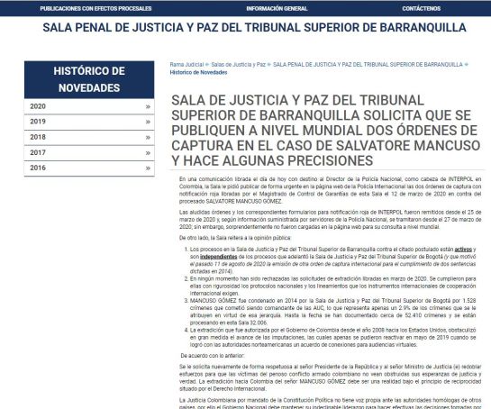 Salvatore Mancuso: Policía tardó 5 meses para publicar circular roja contra Mancuso: Tribunal Salvatore Mancuso: Policía tardó 5 meses para publicar circular roja contra Mancuso: Tribunal