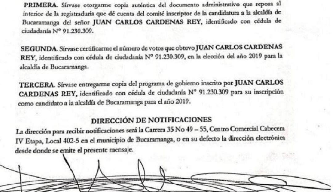 DERECHO DE PETICION CARTA REGISTRADOR DE BUCRAMANGA EXALCALDE RODOLFO HERNA: Se agudiza separación entre Rodolfo Hernández y Juan Carlos Cárdenas