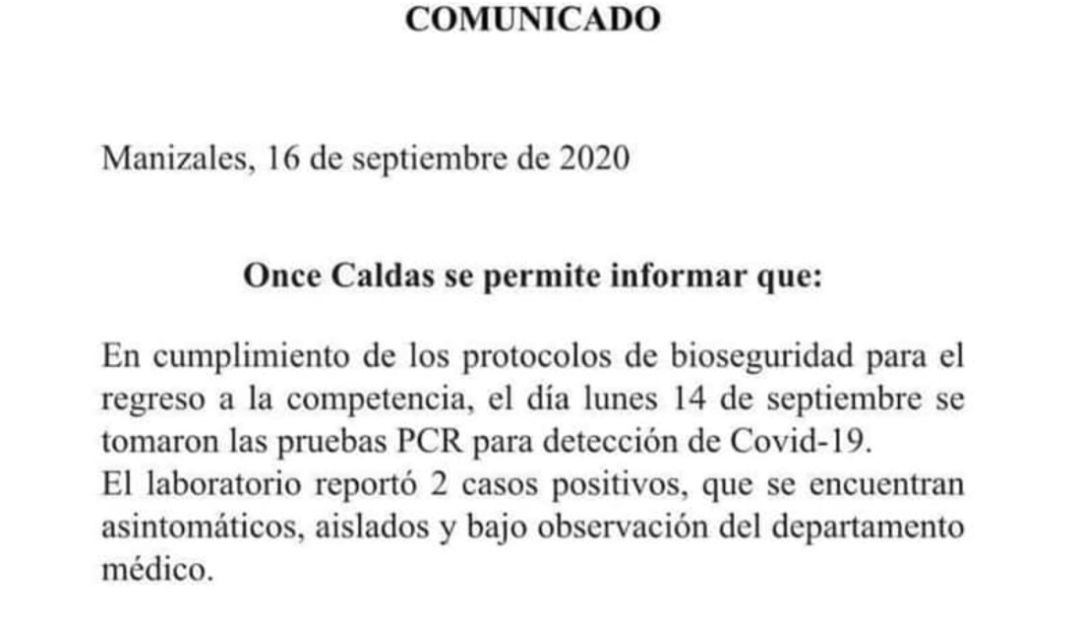 Coronavirus en Caldas: Dos casos positivos de COVID-19 en el Once Caldas