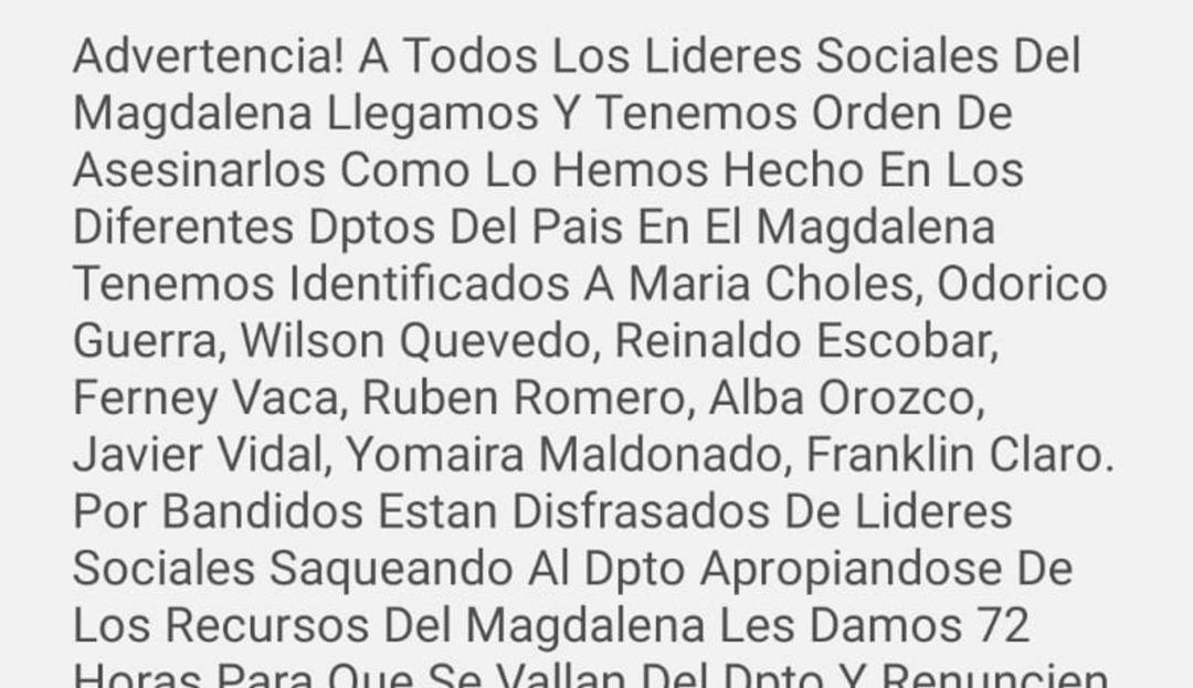 Amenazas y asesinatos a líderes sociales del Magdalena: Denuncian nuevas amenazas de muerte contra líderes sociales del Magdalena