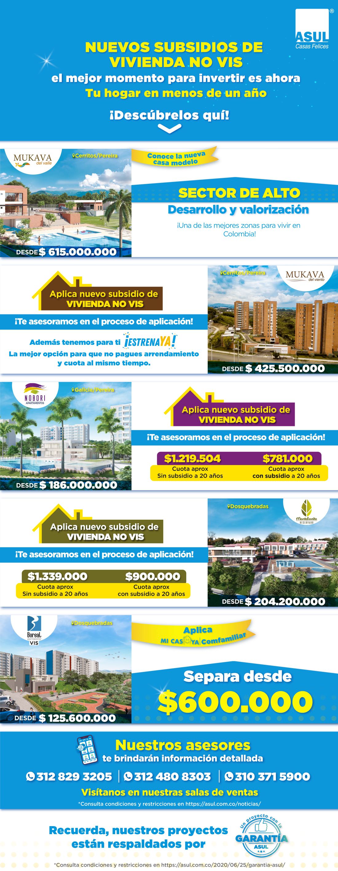 Inversión inmobiliaria en Pereira: Con los subsidios no VIS invierta en los proyectos de Asul Casas Felices.