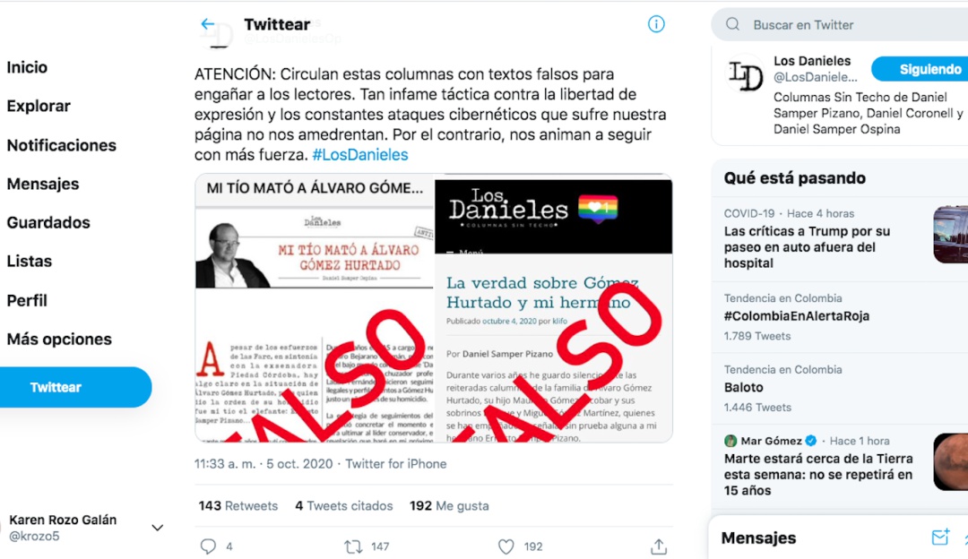 Columnas falsas de Los Danieles: Circulan columnas falsas de Los Danieles sobre Gómez Hurtado