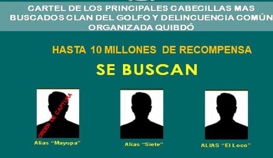 Duplican recompensas por cabecillas del Clan del Golfo en Chocó