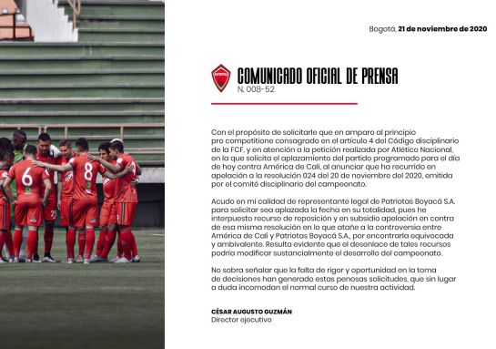 Dimayor: Patriotas Boyacá solicita aplazar toda la fecha de los cuartos de final Dimayor: Patriotas Boyacá solicita aplazar toda la fecha de los cuartos de final