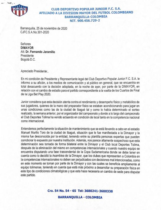 Liga Colombiana: Junior dice “no” a jugar en Bogotá contra Tolima y amenaza con no presentarse Liga Colombiana: Junior dice “no” a jugar en Bogotá contra Tolima y amenaza con no presentarse