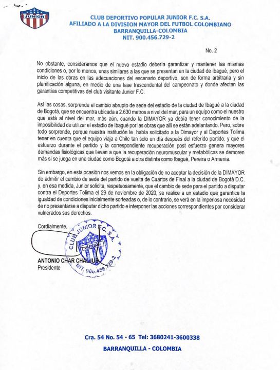 Liga Colombiana: Junior dice “no” a jugar en Bogotá contra Tolima y amenaza con no presentarse Liga Colombiana: Junior dice “no” a jugar en Bogotá contra Tolima y amenaza con no presentarse