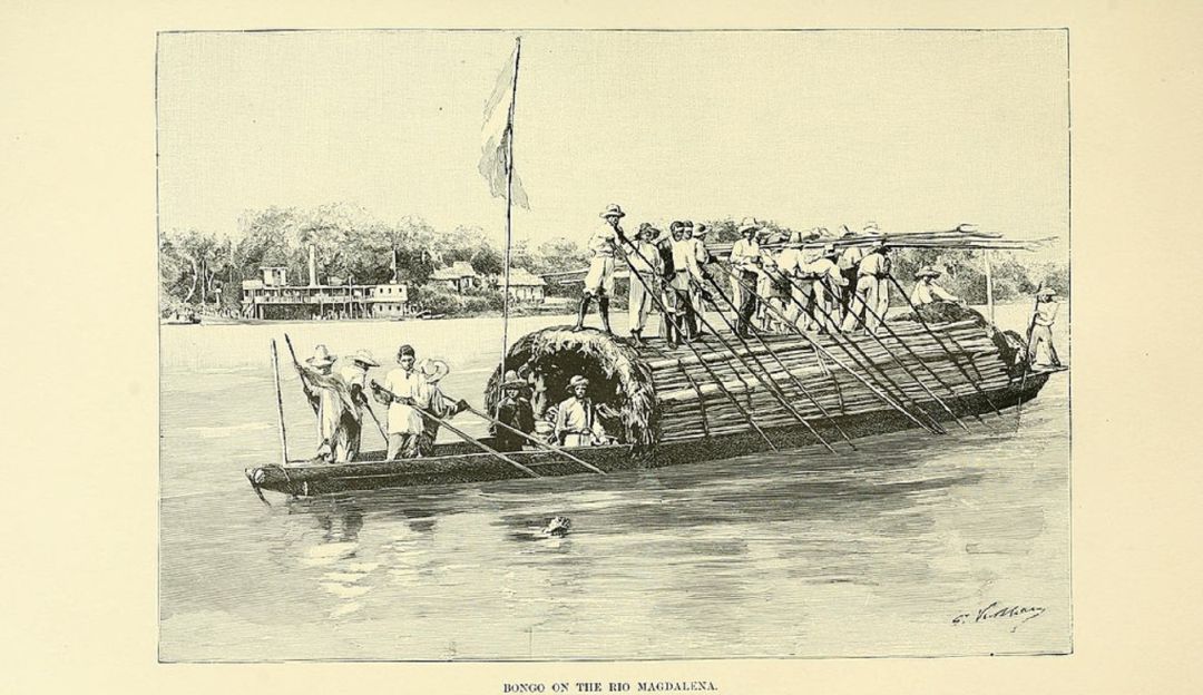 Bongo con su tripulación y pasajeros sobre el Río Magdalena